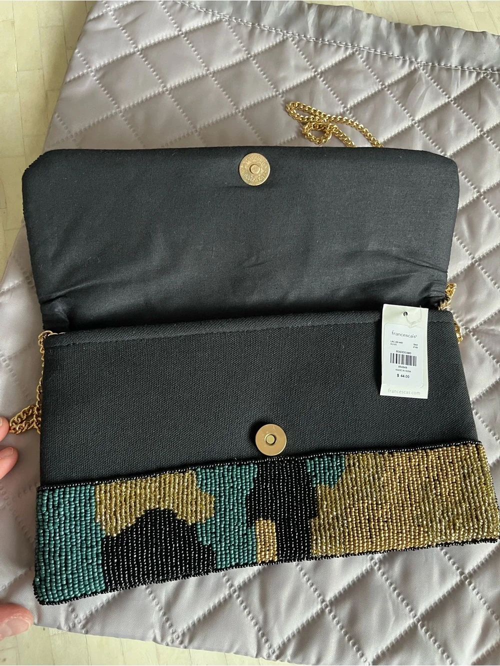 Francesca’s Gold, Black & Green Beaded Clutch with Gold Tone Chain Strap